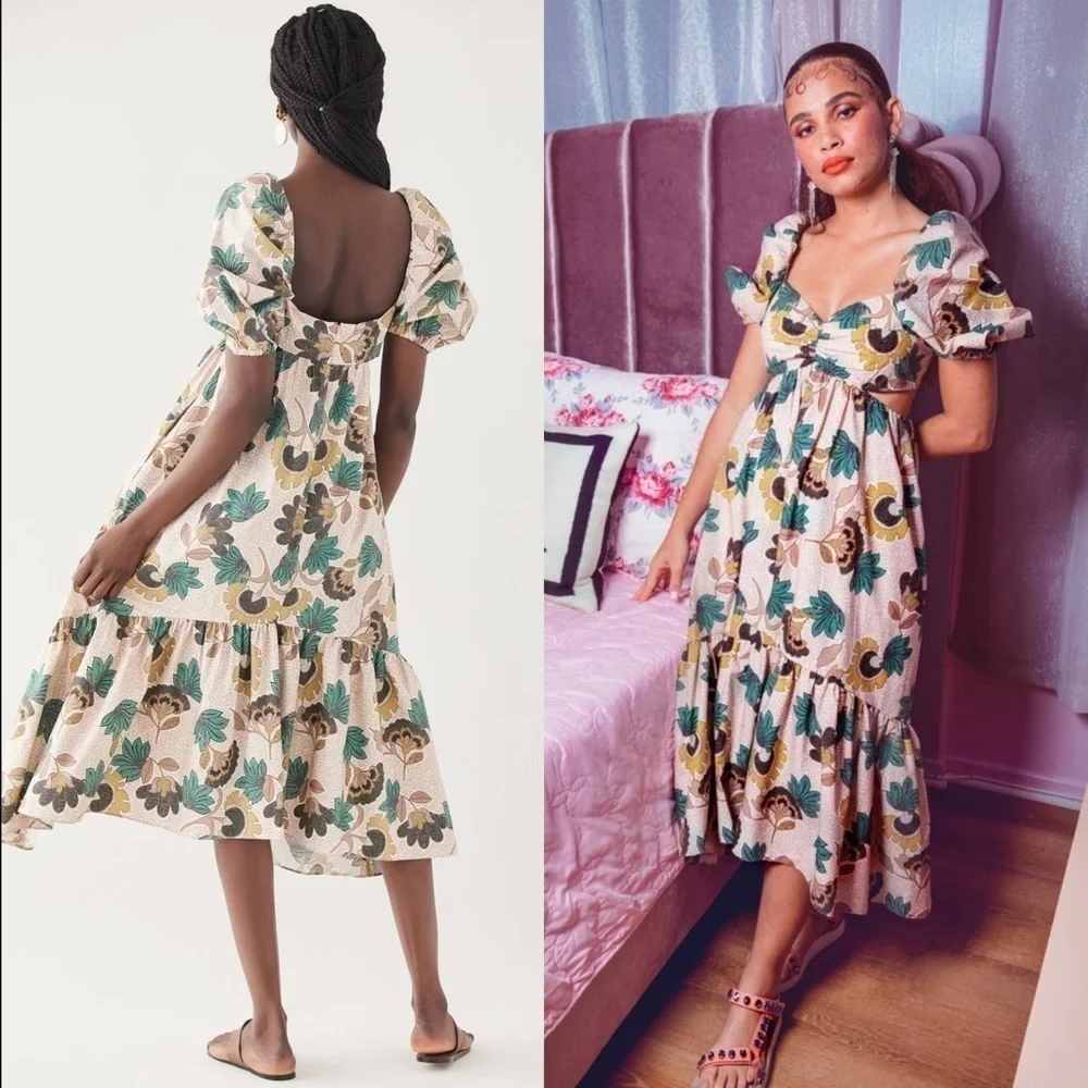 AUTUMN ADEIGBO Floral Print Puff Short Sleeve Cutout Tiered Ruffle Midi Dress 16